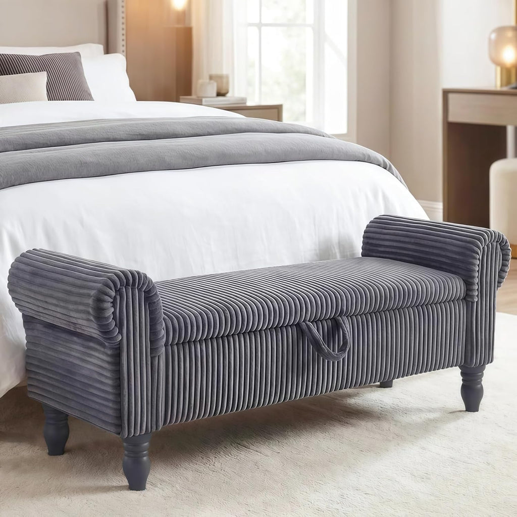 55" Corduroy Storage Ottoman Bench, Queen Bed, Grey