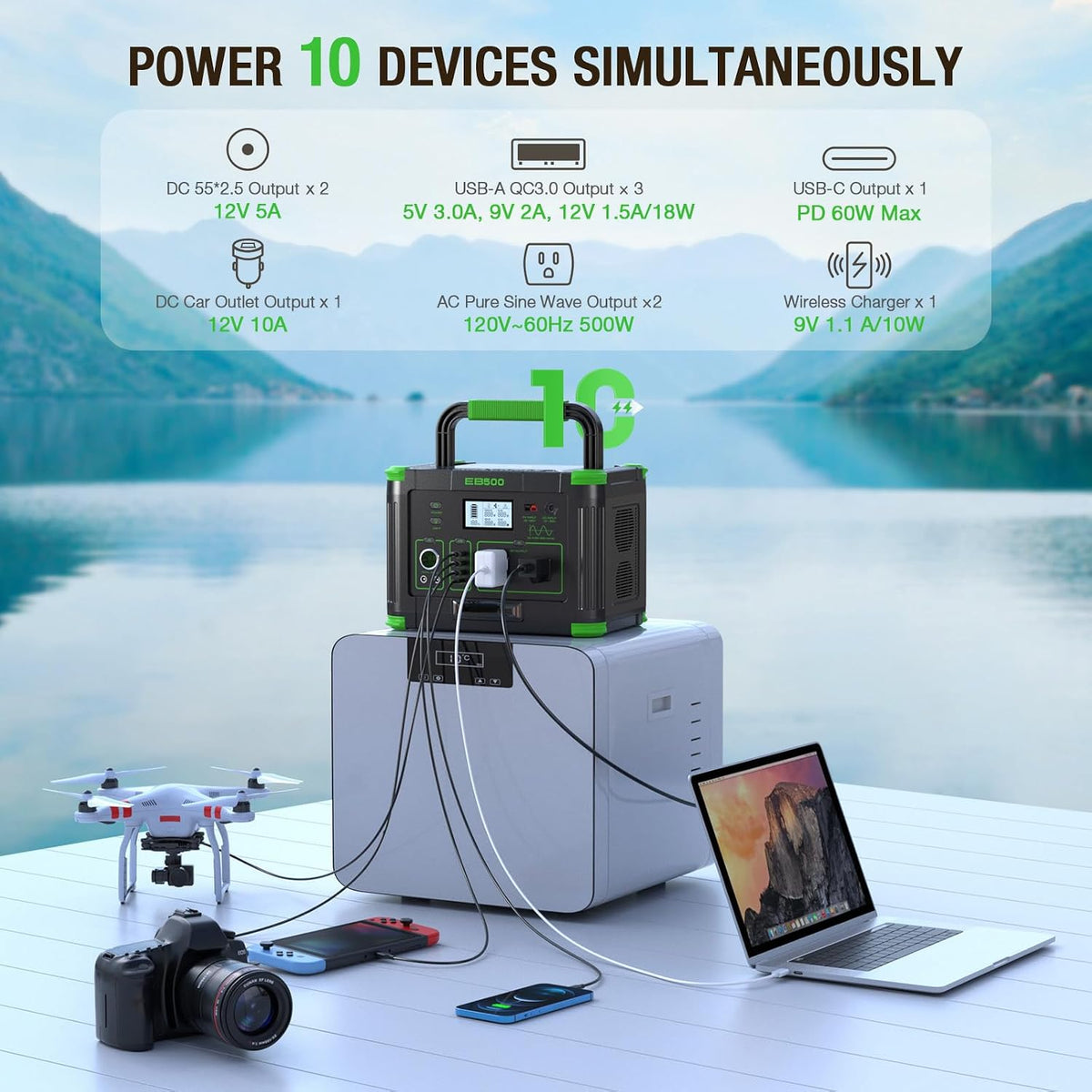 Portable Power Station 500W (Peak 1000W), 519.48Wh Solar Generator Power
