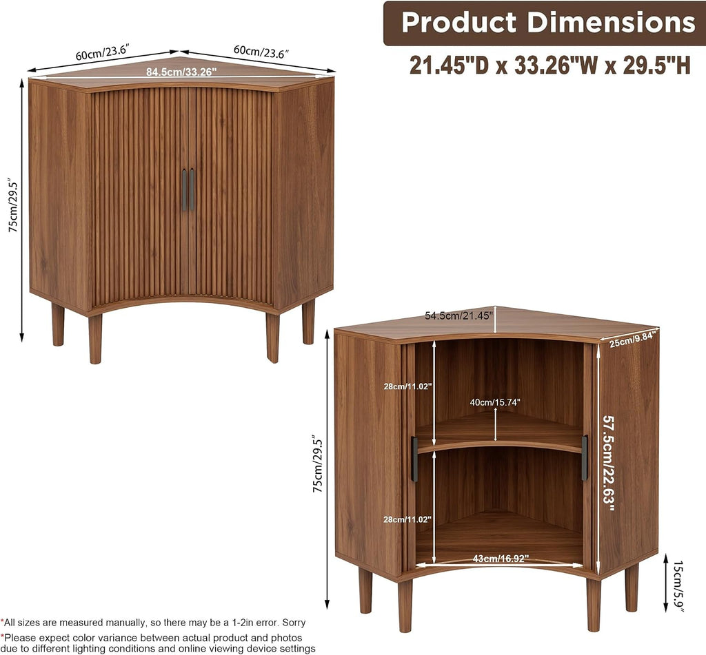Lxsxlome Fluted Corner Cabinet with Sliding Doors and Adjustable Shelves