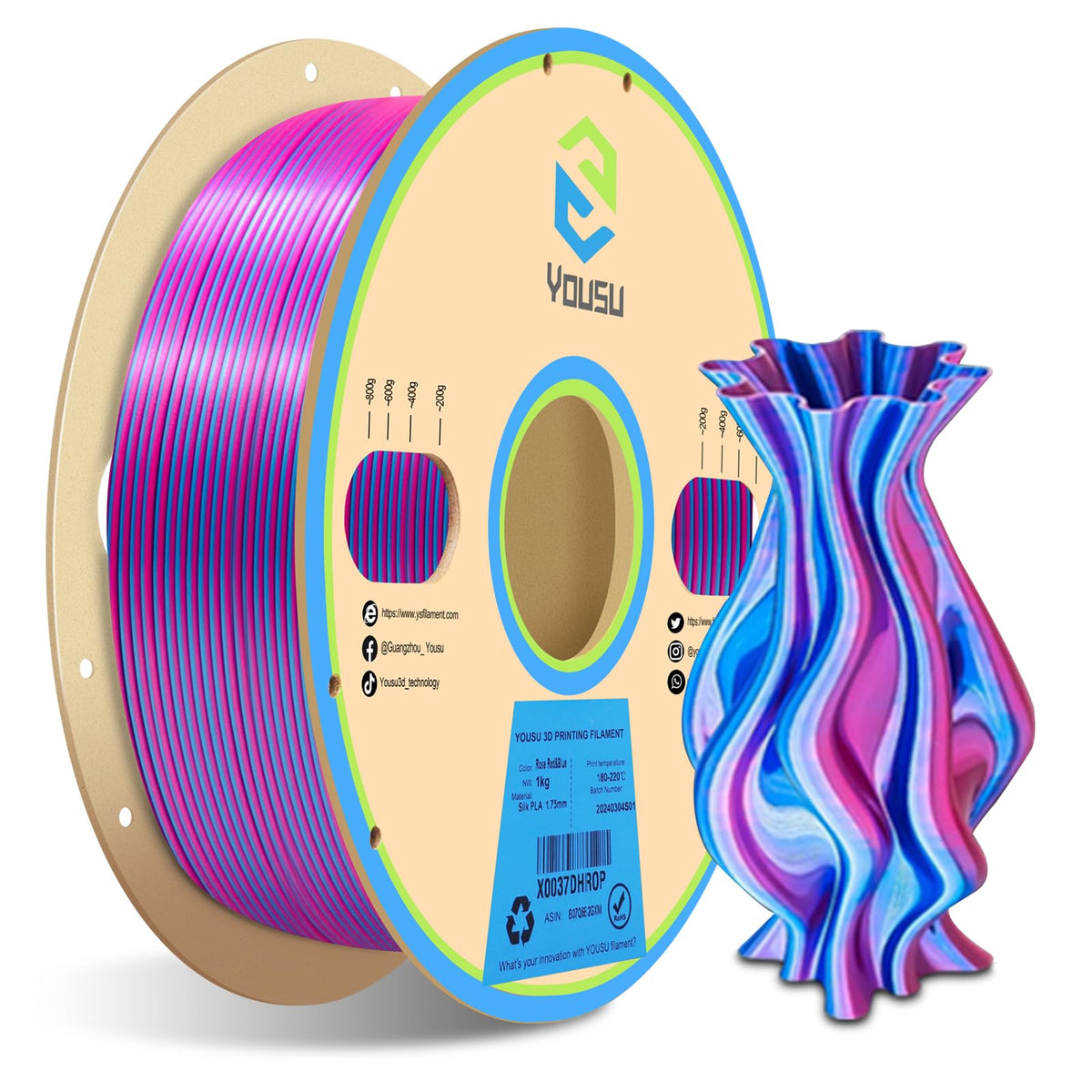 YOUSU 3D Printer Filament Silk PLA Filament Rainbow Color,1.75mm Tri Color PLA Filament 6kg Pack,1kg Spool.