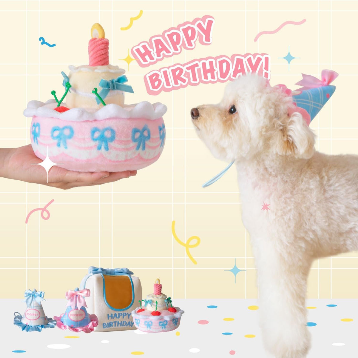 Birthday Cake Snuffle Toy Set, Interactive Enrichment Plush Cake with Squeaker Candle, Treat-Hiding Pocket in Cherries, Crinkle Cake Box and a Party Hat for a Cute Photo