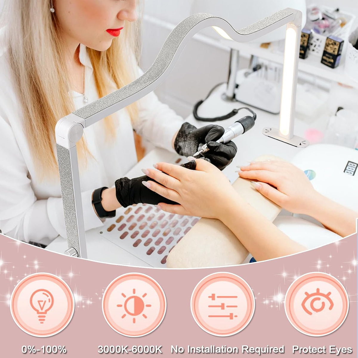 Half Moon Light for Nail Desk,35 in Half Moon Led Light for Table Nail,Foldable Nail Tech Lamp for Desk,3000-6000K Dimmable Half Moon Nail Light,for Eyelash Tech,Spa,Salon Lash Light, Pink