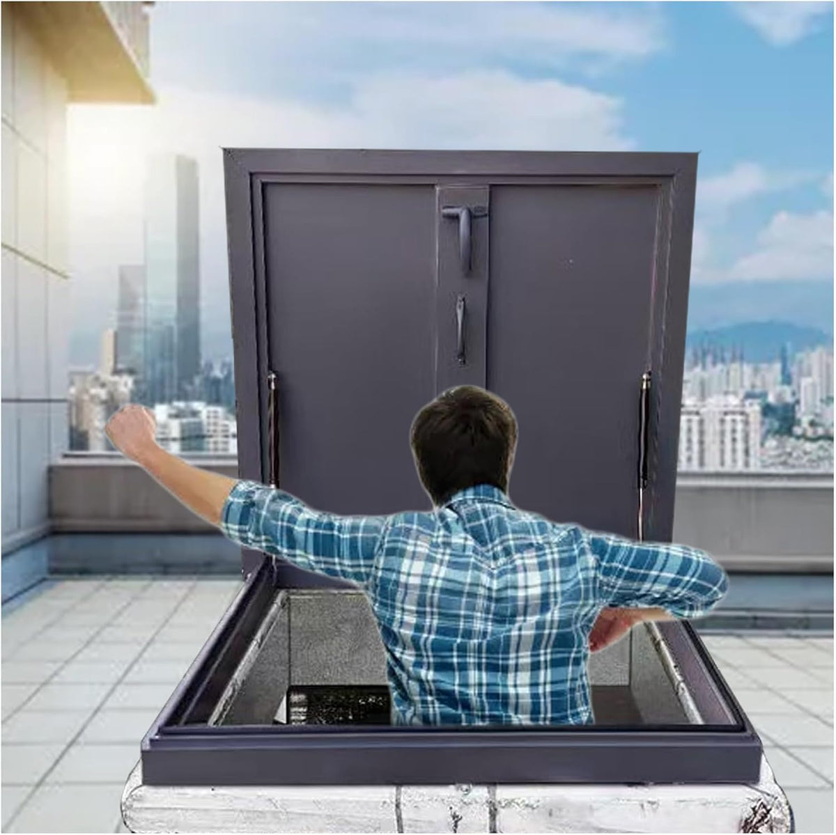 LXLZYXSF Heavy Duty Rooftop Vent Security Door, Galvanized Powder Coated Iron Roof Hatch Cover, Upward Lifting Attic Access Lid, Manhole/Cellars Cap Plate(60x60CM(23.6"x23.6"))