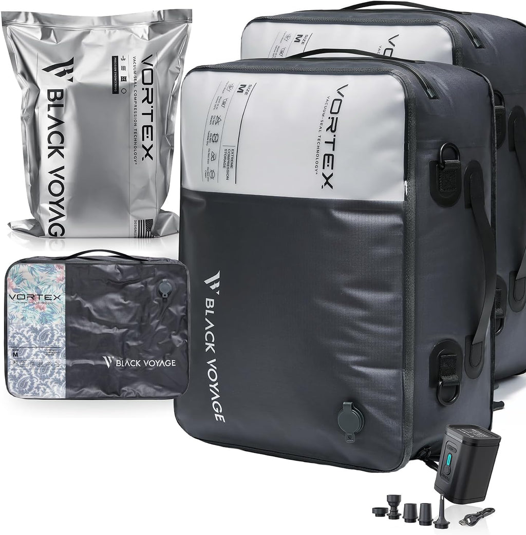 Black Voyage Reusable Vacuum Compression Travel Bag for Carry-On Suitcase and Backpack, Recycled IPX8 Waterproof Space Saver Vacpack (2-Pack, 21L - Pump Included)