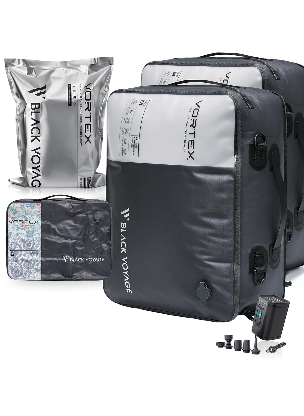Black Voyage Reusable Vacuum Compression Travel Bag for Carry-On Suitcase and Backpack, Recycled IPX8 Waterproof Space Saver Vacpack (2-Pack, 21L - Pump Included)