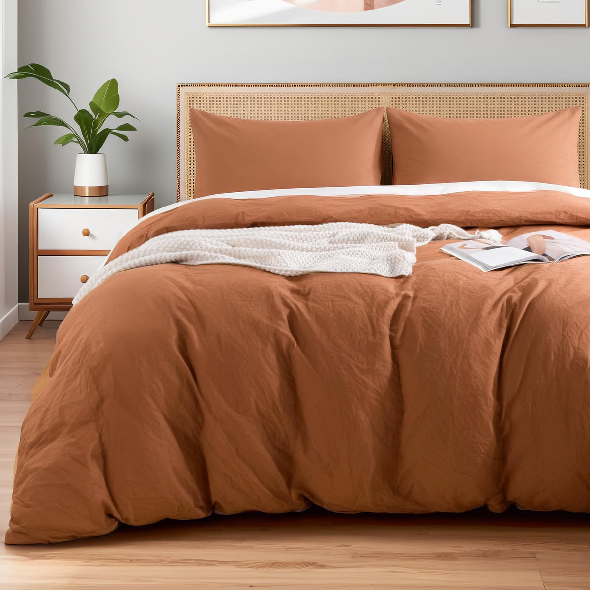 NEXHOME PRO Duvet Cover Set Queen Size Linen Look Textured 100% Washed Cotton Duvet Cover Burgundy Dark Red 3 Pieces Bedding Set with Zipper Closure,Breathable, Soft Organic Natural(No Comforter)