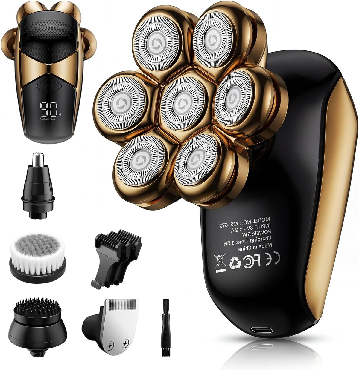 SHPAVVER Head Shavers for Bald Men: 5-in-1 Grooming Kit - 7D Floating Magnetic Removable Head Electric Razor - IPX7 Wet/Dry Shaving with LED Display, Type-C Fast Charging for Travel