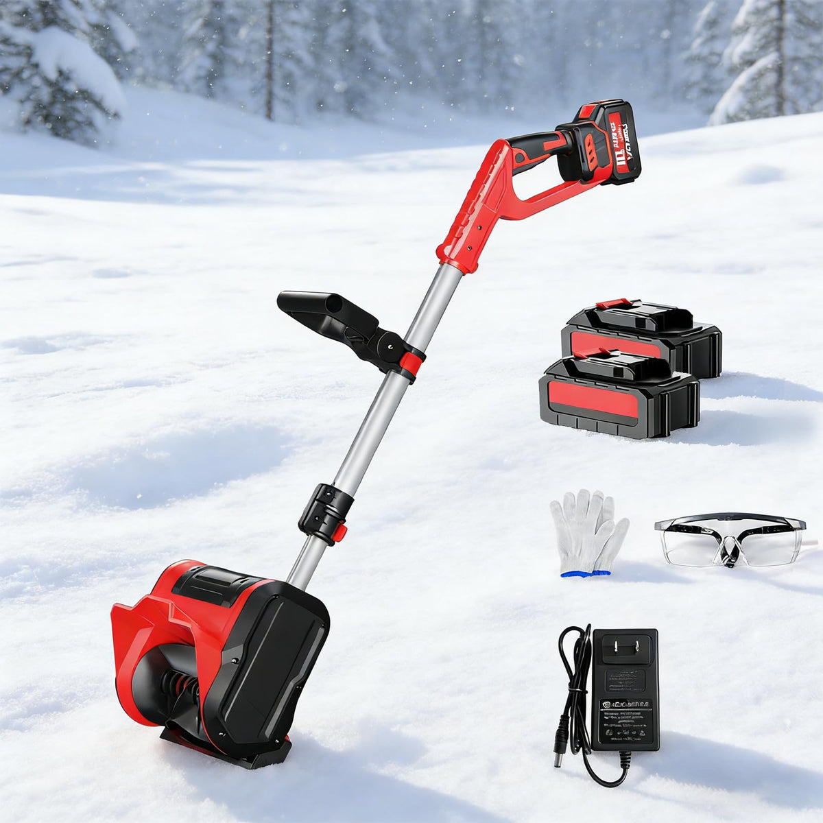 Cordless Snow Blower, Adjustable Handle for Easy Storage, Portable Brushless Electric Winter Snow Thrower - Cleaning Width 30cm/11.8in, for Deck,Steps,Patio,Driveway & Sidewalk red 1 Batteries