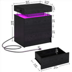 LIKIMIO Nightstand with Charging Station LED Light and 2 Drawers Black