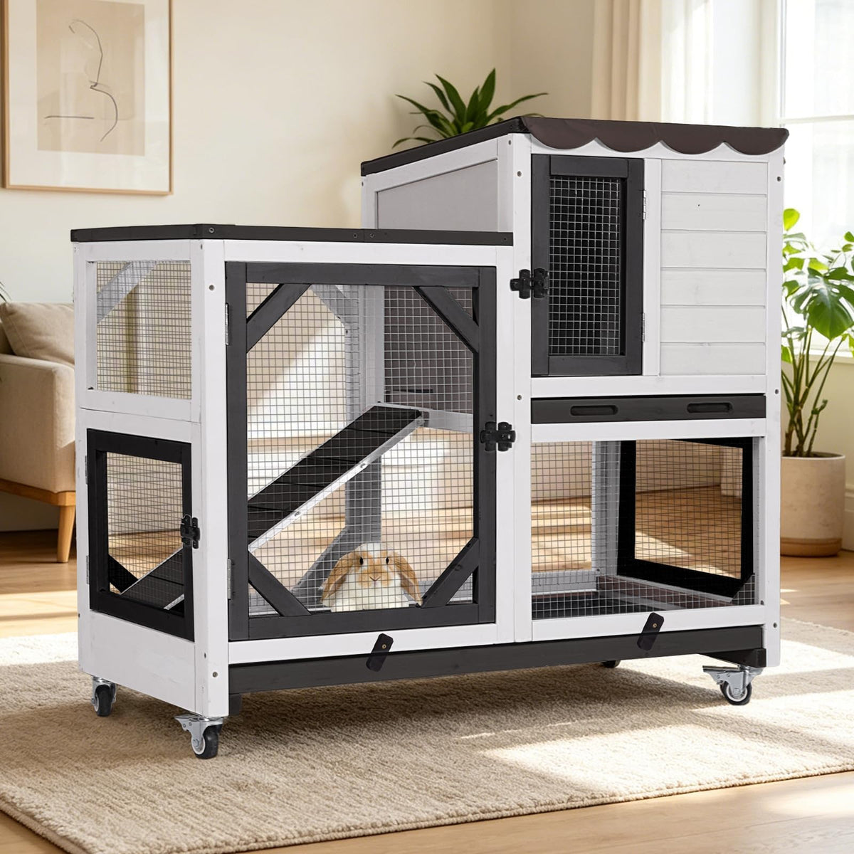 Suumerpety 2-Story Wooden Rabbit Hutch with Chew-Proof Ramp, Dual Leak-Proof Pull-Out Trays & 4 Lockable Wheels, Indoor Outdoor Bunny Cage for Rabbits & Guinea Pigs (Grey)