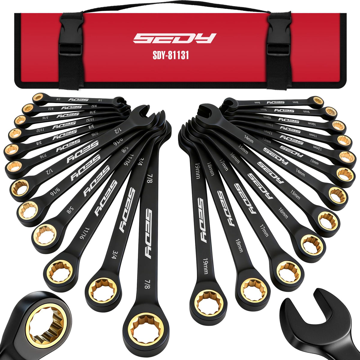 Premium 24-Piece Flex-Head Ratcheting Wrench Set, Metric(8–19mm)& SAE(1/4-7/8") Combination Wrenches, 72-Tooth CR-V Steel with Durable Black Finish, Ratchet Spanners with Roll-Up Tool Pouch for Repair