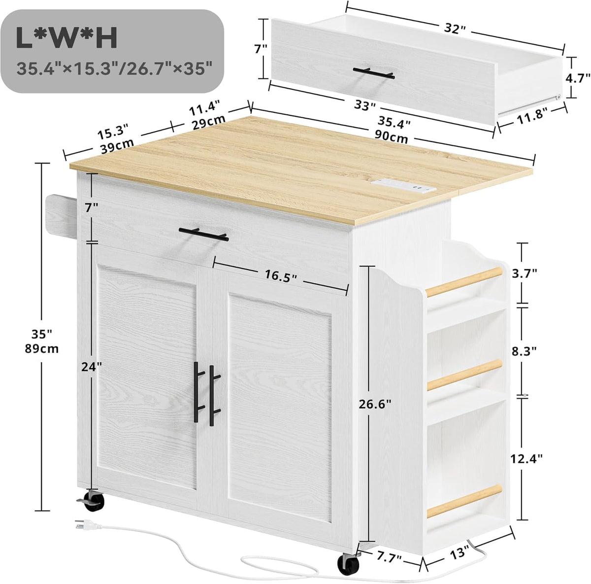 IRONCK Kitchen Island with Storage, Charging Station and Drop Leaf, White