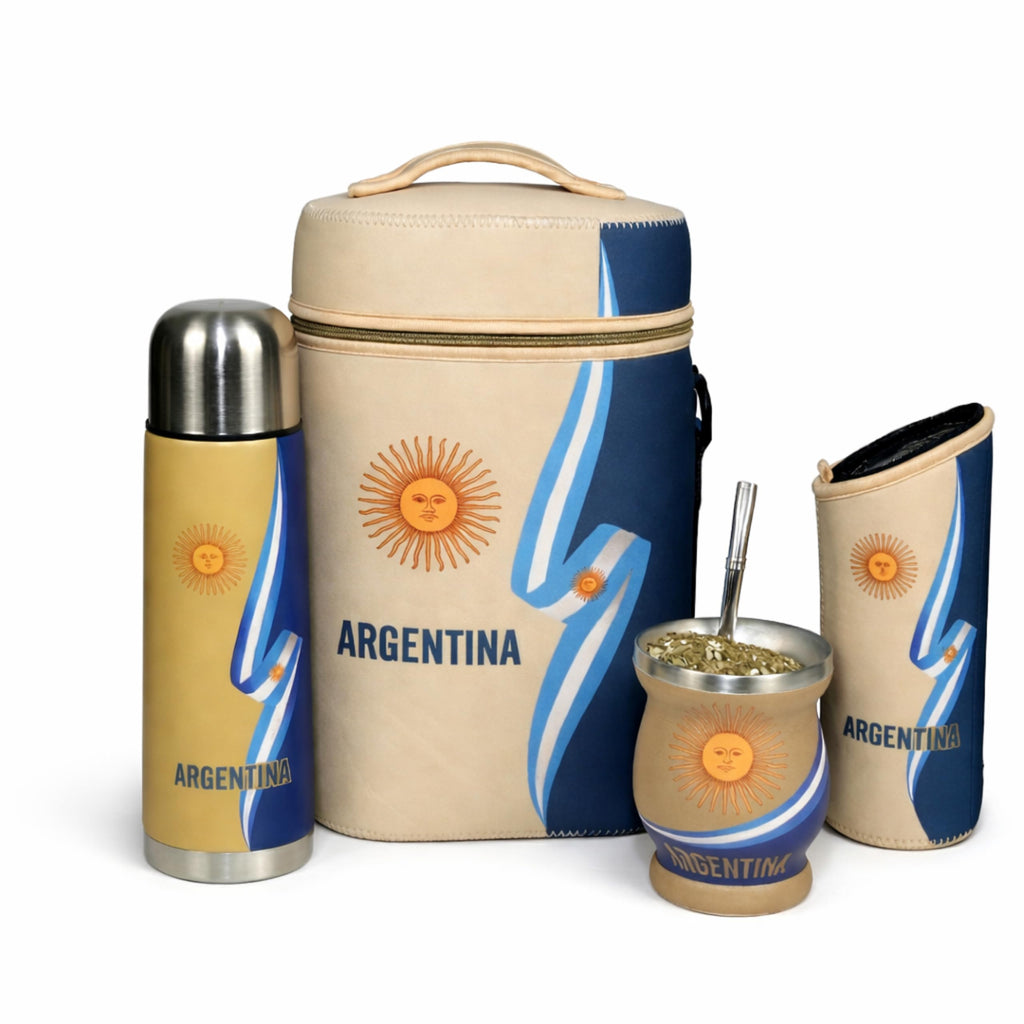 Argentine Yerba Mate Kit – Premium Stainless Steel Mate Cup & Bombilla Set with 750ml Vacuum Insulated Bottle, Yerba Container & Neoprene Bag – Authentic Argentine Design