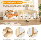 EXPERLAM Montessori Toddler Bed, Variable Twin Floor Bed Frame with Removable Guardrails and Legs, Low Wooden Kids Bed with 10 Slats and Supporting keel, Crib-to-Bed Transition for Bedroom or Nursery