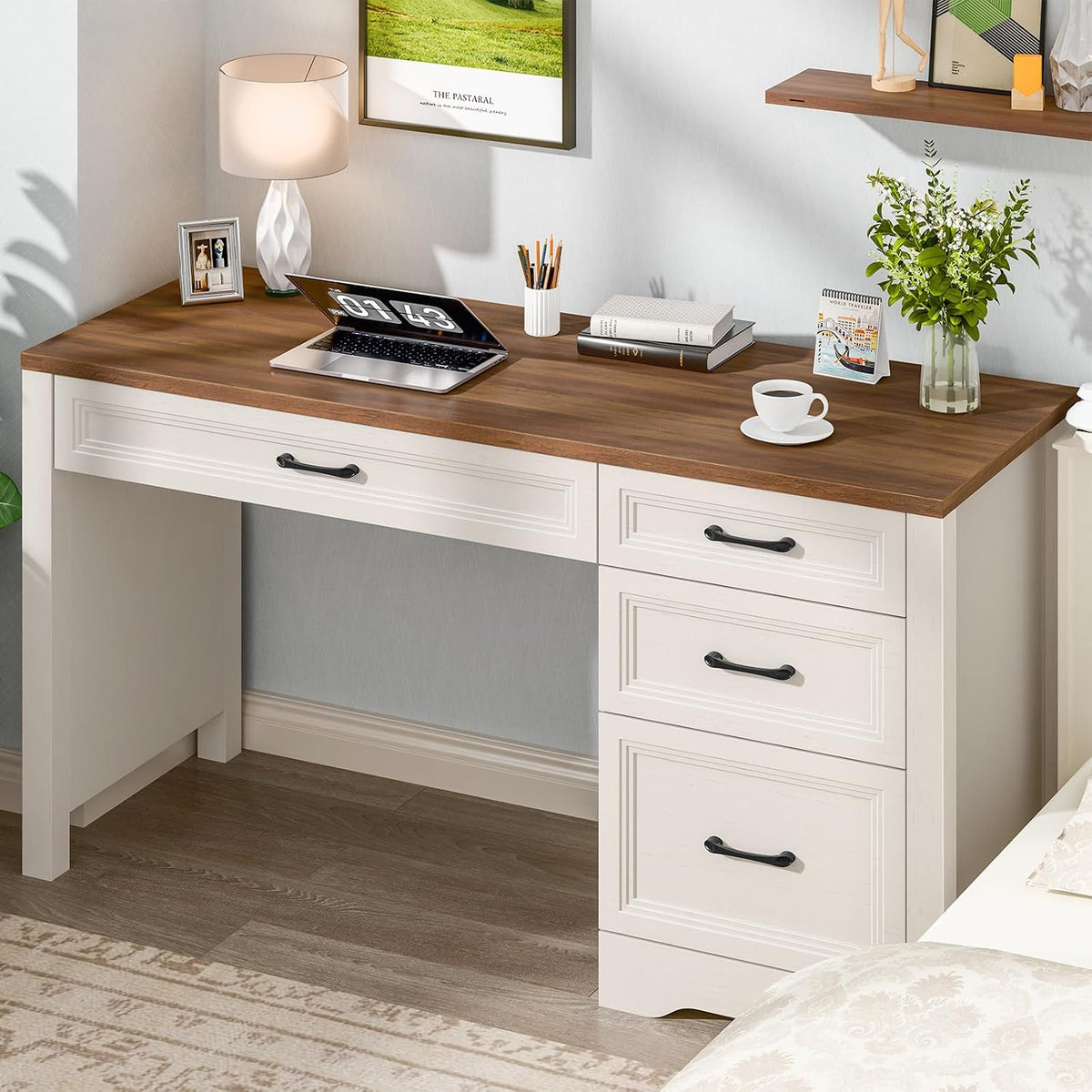 Vabches Farmhouse Executive Desk with Storage and Ample File Drawer, Rustic Large Home Writing Desk for Bedroom, White