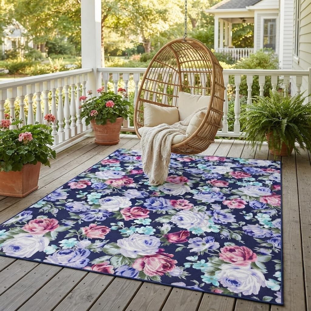 White Pink Beige Gentle Elegant Outdoor Floral Rugs 9x12 Contemporary Aesthetic Texture Thin Non Slip Durable Indoor Outside Carpets for Garden Backyard Balcony Patio Deck Veranda Deck Mats