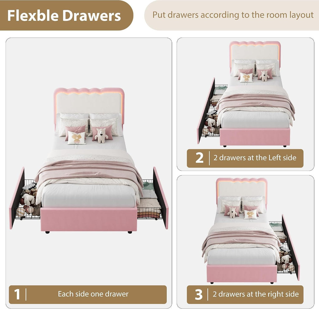 IDEALHOUSE Twin LED Bed, 2 Drawer Trundle, Pink Wave Headboard