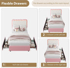 IDEALHOUSE Twin LED Bed, 2 Drawer Trundle, Pink Wave Headboard