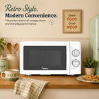 IMPECCA Countertop Microwave Oven Retro Mechanical Dials 5 Modes Timer Defrost 0.7 Cu 700W 9.65” Turntable Easy Clean
