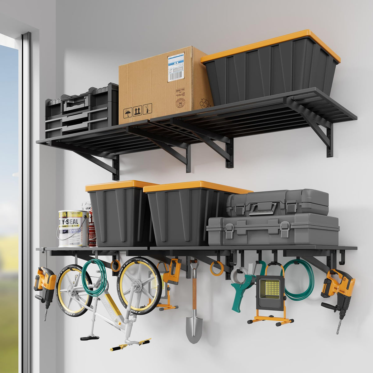 Jusgym 4 Pack Garage Shelving Wall Mounted with 16 Hooks, 1.5x4ft, 1000lbs