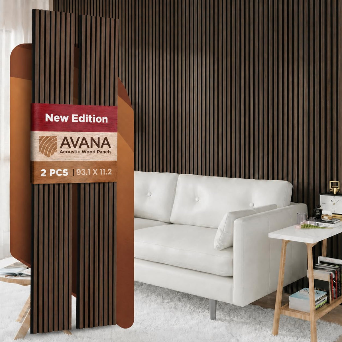 Avana Acoustic Wood Wall Panels – 93.2x11.25 Inch Panels – Fits 94x12 Layout – Rustic Walnut Acoustic Panels 4 PCs –Wall Panels For Interior Wall Decor For Homes, Offices – Durable Wood Panel For Wall