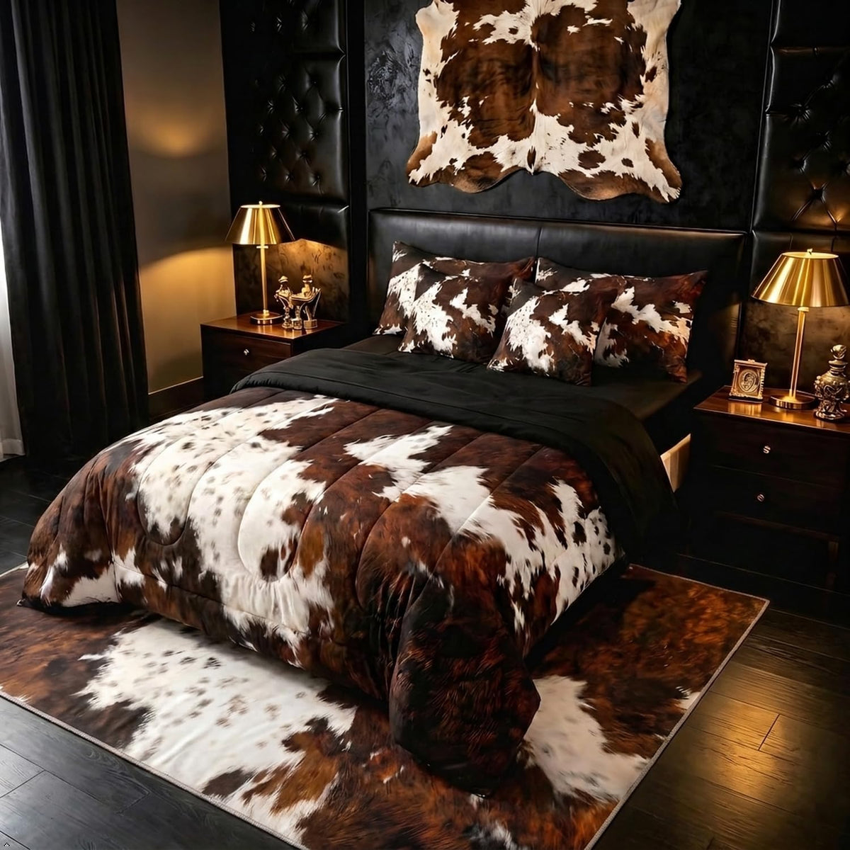 Erosebridal Brown Cow Print King Comforter Set 7 Piece, Simulated Black Cowhide Western Farmhouse Bedding Sets with Sheets, Rustic Highland Cow Skin Bed in a Bag with Fitted Flat Sheet, Pillowcases