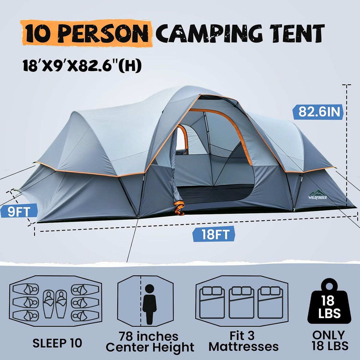 WildFinder Camping Tent 10 Person, Family Tent for Camping with Rainfly