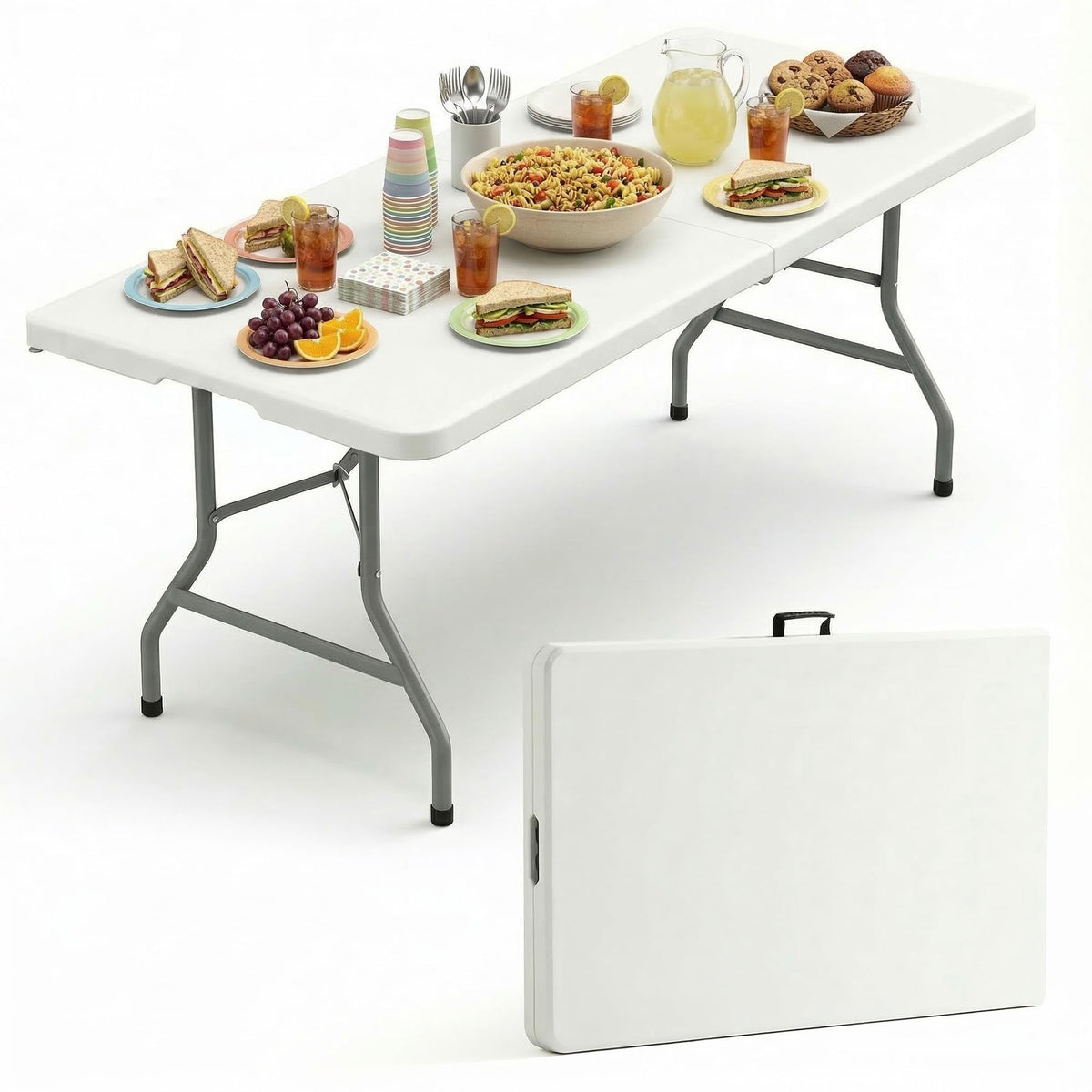 6FT Foldable Table Set with 6 Pack Plastic Folding Chairs, Heavy Duty 350 lbs Folding Table & Folding Chairs, Portable Foldable Furniture Bundle for Parties, Wedding, Events, Indoor & Outdoor