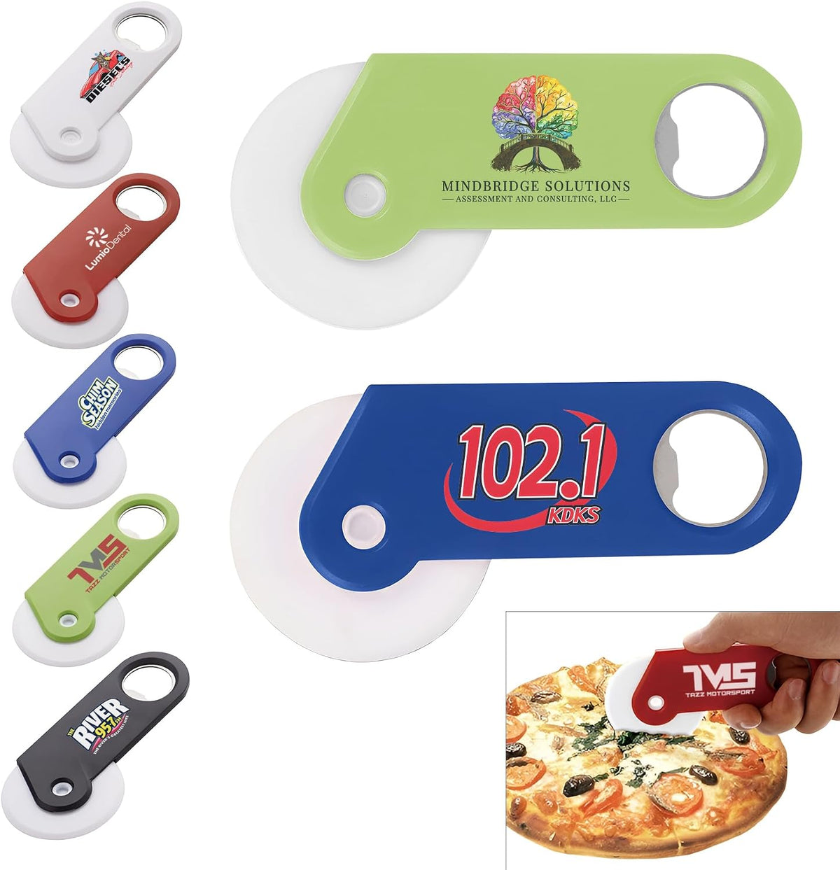 Custom Pizza Cutter with Bottle Opener – Personalized Plastic Pizza Wheel Cutter with Logo, Multi-Color Handle, Bulk Promotional Kitchen Tool for Restaurants & Corporate Branding (100)