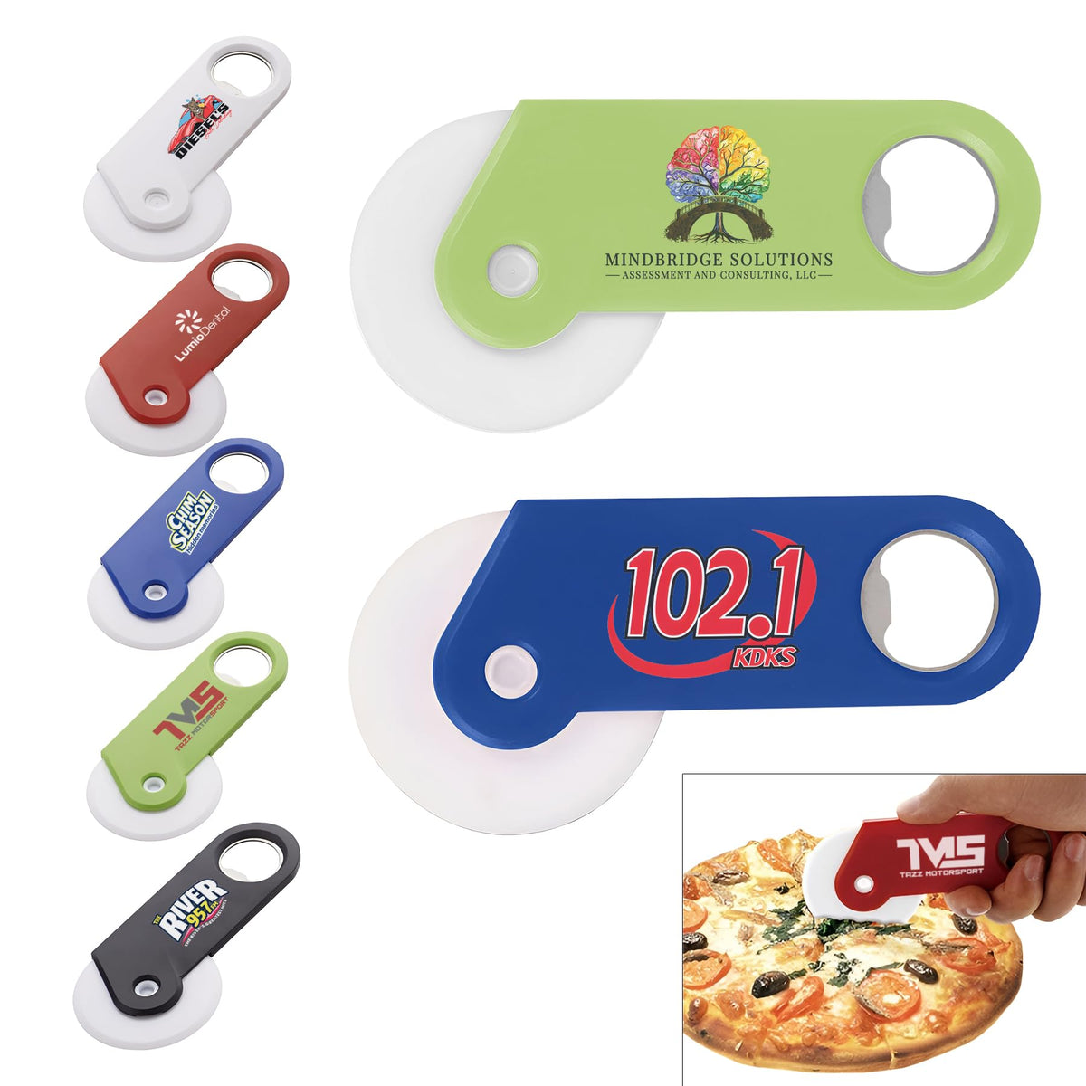 Custom Pizza Cutter with Bottle Opener – Personalized Plastic Pizza Wheel Cutter with Logo, Multi-Color Handle, Bulk Promotional Kitchen Tool for Restaurants & Corporate Branding (100)