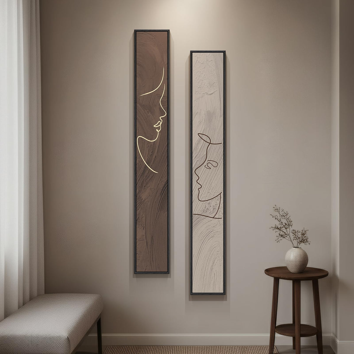 Large Framed Beige Cream Abstract Vertical Wall Art for Hallway, 2 Piece