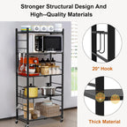 Himix 5-Tier Foldable Storage Shelves with 20 Hooks Wheels Kitchen Black