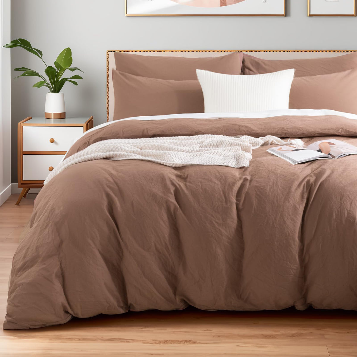 NEXHOME PRO Duvet Cover Set Queen Size Linen Look Textured 100% Washed Cotton Duvet Cover Burgundy Dark Red 3 Pieces Bedding Set with Zipper Closure,Breathable, Soft Organic Natural(No Comforter)