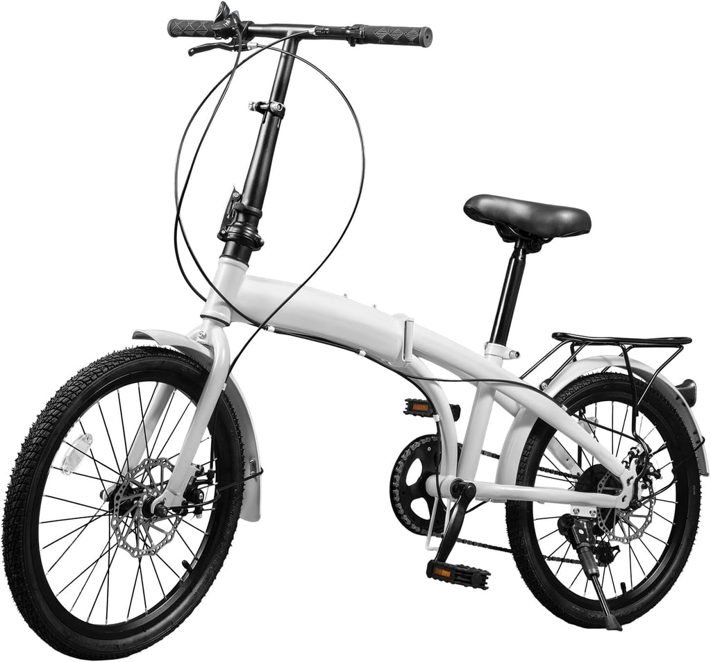 20-Inch Folding Bike, Foldable Bike for Adults Adjustable Seat Height & Elevable Handlebars Store in The Trunk 7-Gear Transmission Front and Rear Disc Brakes for Traveling