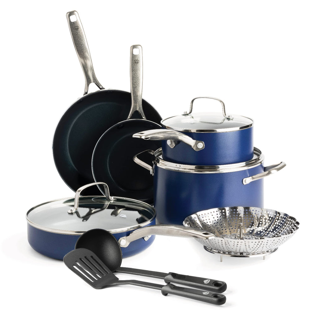 Blue Diamond 9 Piece Nonstick Cookware Set, Diamond Ceramic Pots & Pans, Dishwasher & Metal Utensil Safe, Non Toxic PFAS-Free, Kitchen Cooking Sauce & Saute Pans, Oven & Broiler to 600F, Blue