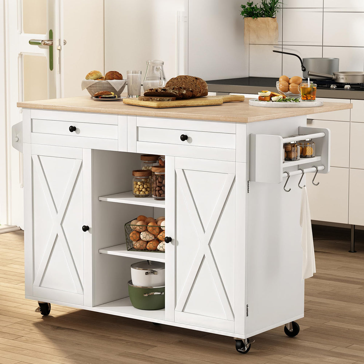 HLR Farmhouse Kitchen Island On Wheels, Teal Green