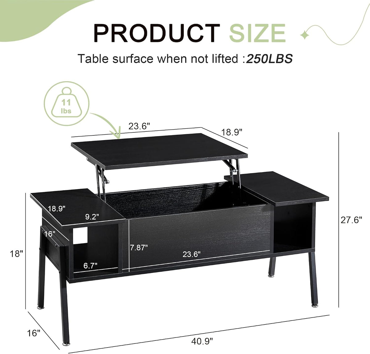 VECELO Wood Lift Top Coffee Table with Hidden Compartment and Storage Shelf for Living Room/Office Reception, Rising Tabletop, Black