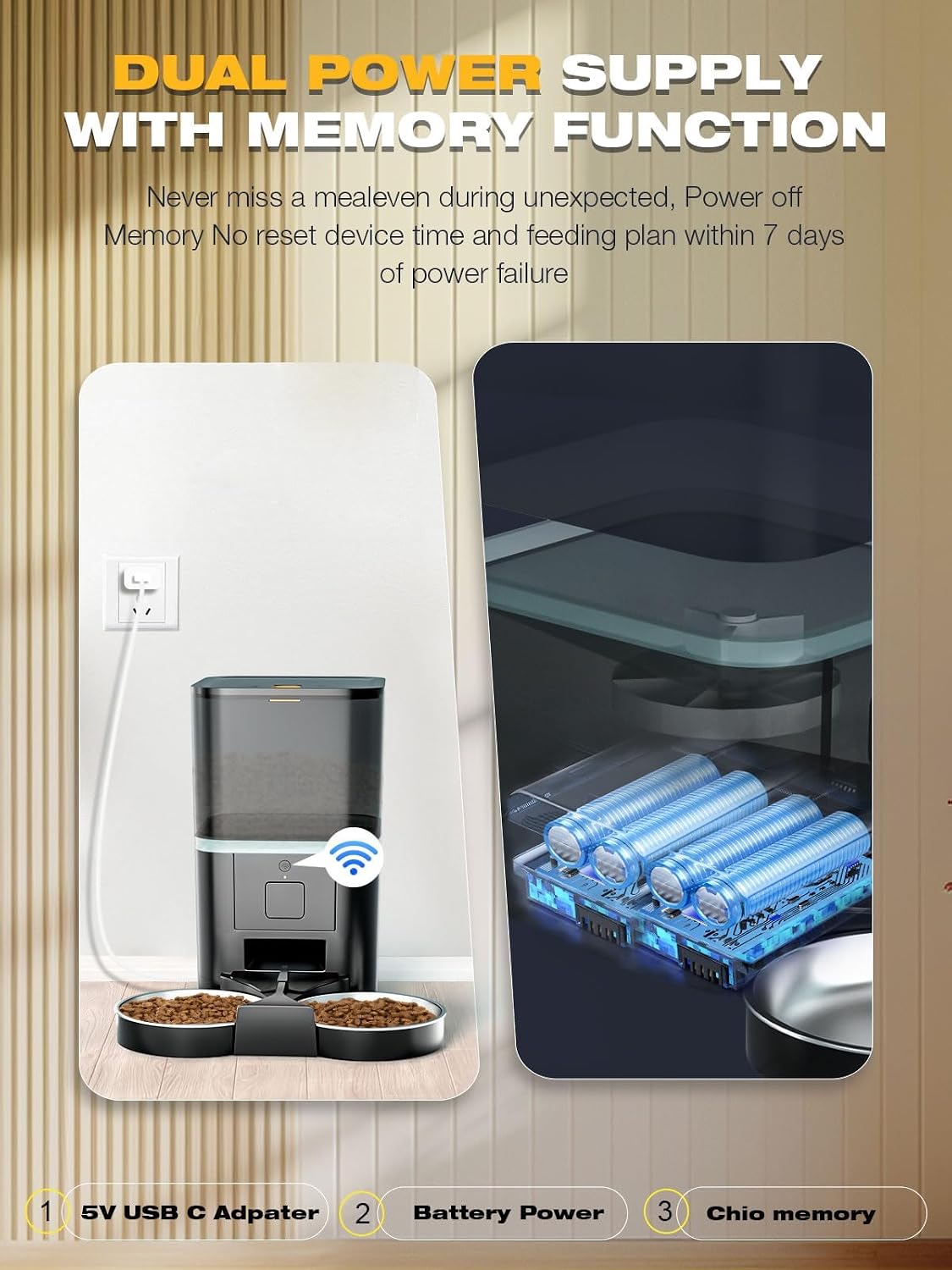 Purrfect Pet Automatic 2.4G WiFi App Control Cat Feeder, Dual Power Supply with 10s Voice Recording & Stainless Steel Bowl