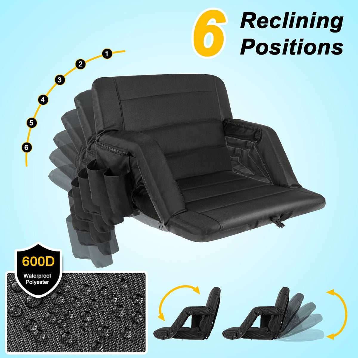 yeyeeyyee Stadium Seats with Back Support 2 Pack Wide, Exclusive Bleacher Chairs with Back and Cushion Folding Stadium Chairs, 6 Reclining Positions Waterproof Bleacher Seats (Wide|22.5" Black)