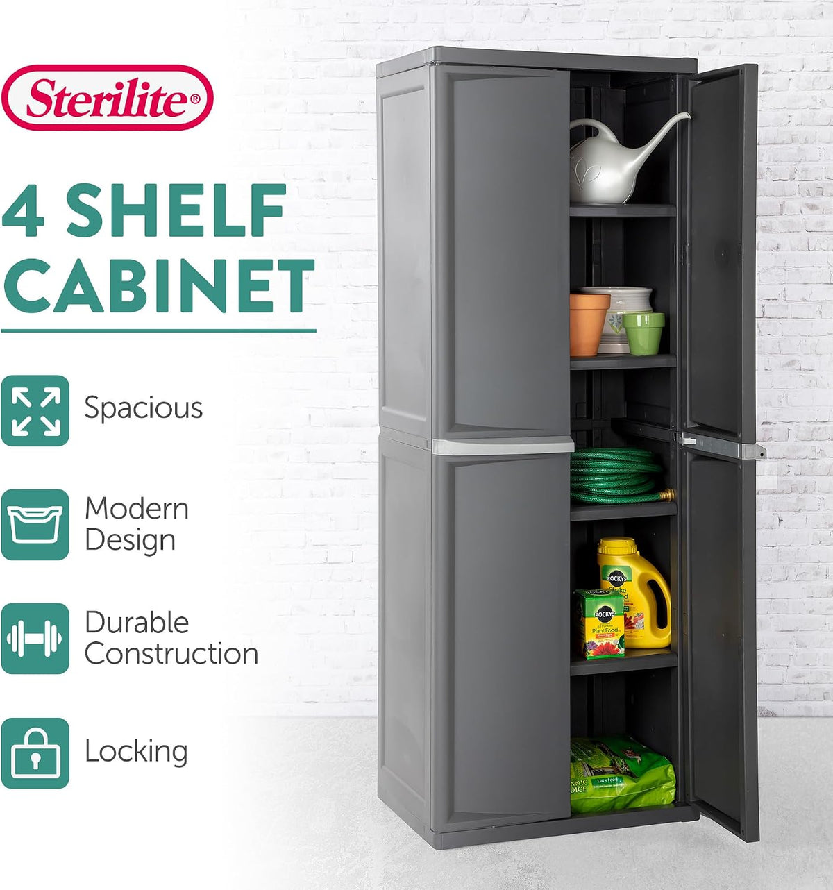 Sterilite 4 Shelf Cabinet, Lockable Utility Storage, Gray, 2-Pack
