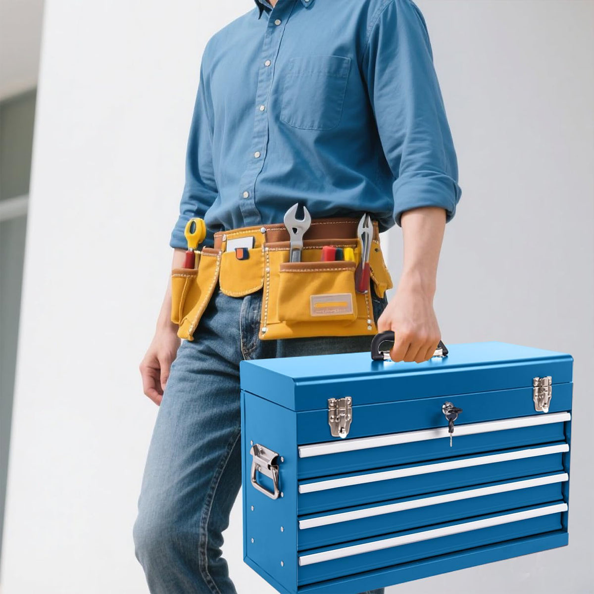 4 Drawers Metal Tool Box, 21" Portable Steel Tool Chest w/Key Lock&Latch Closure, Multi-Function Top Storage Tray Toolbox w/Powder Coating&Ball Bearing Slides (Style 1-4 Drawers - Blue)