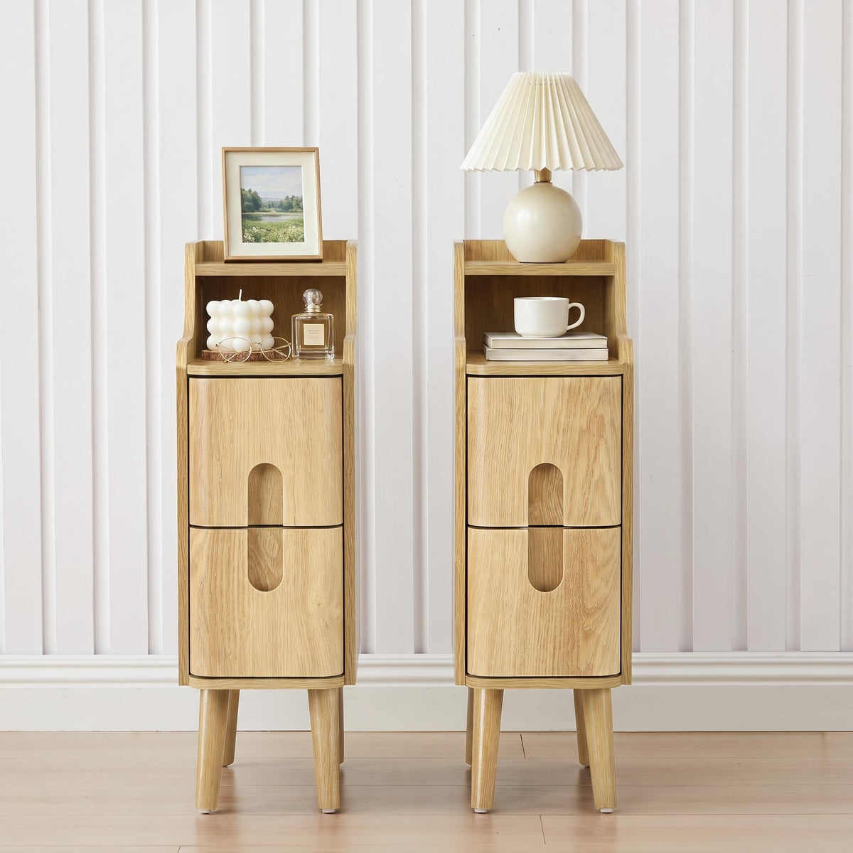 Narrow Nightstand Set of 2, Wooden Small 2 Drawer Nightstand, Slim Side End Table, Skinny Bedside Table, Mid Century Modern Night Stand with Drawers for Bedroom (Walnut-2 pcs)