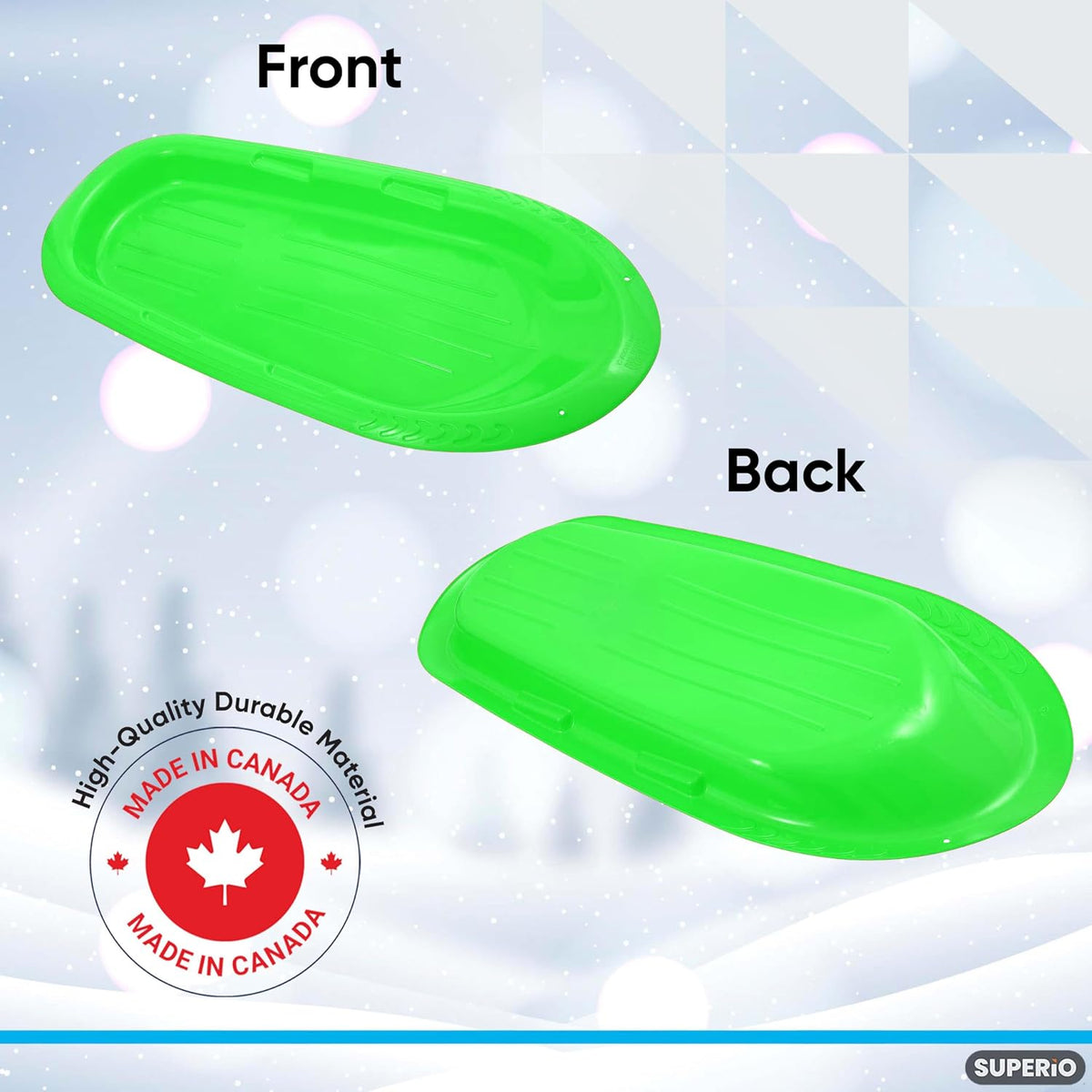 Superio Toboggan Snow Sleds for Kids and Adults, 2 Pack Heavy Duty Plastic Sliders with Handles and Hole for Pull Ropes- Kid and Adult Winter Fun