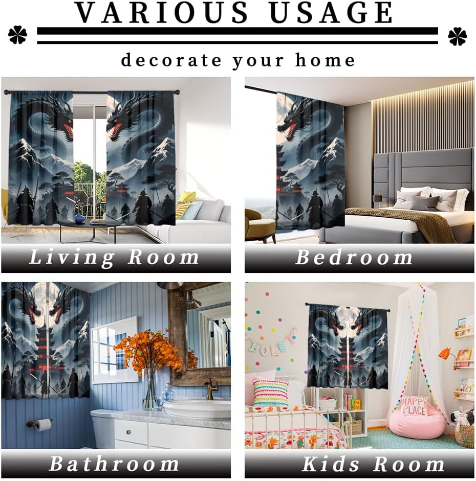 Traditional Ukiyoe Wildlife Dragon Curtains-Dreamy Ancient Japan Architecture Rod Pocket Back Tab Window Drapes,Japanese Samurai Thermal Insulated Blackout Curtain,2pcs,Each 52“W x 96”L