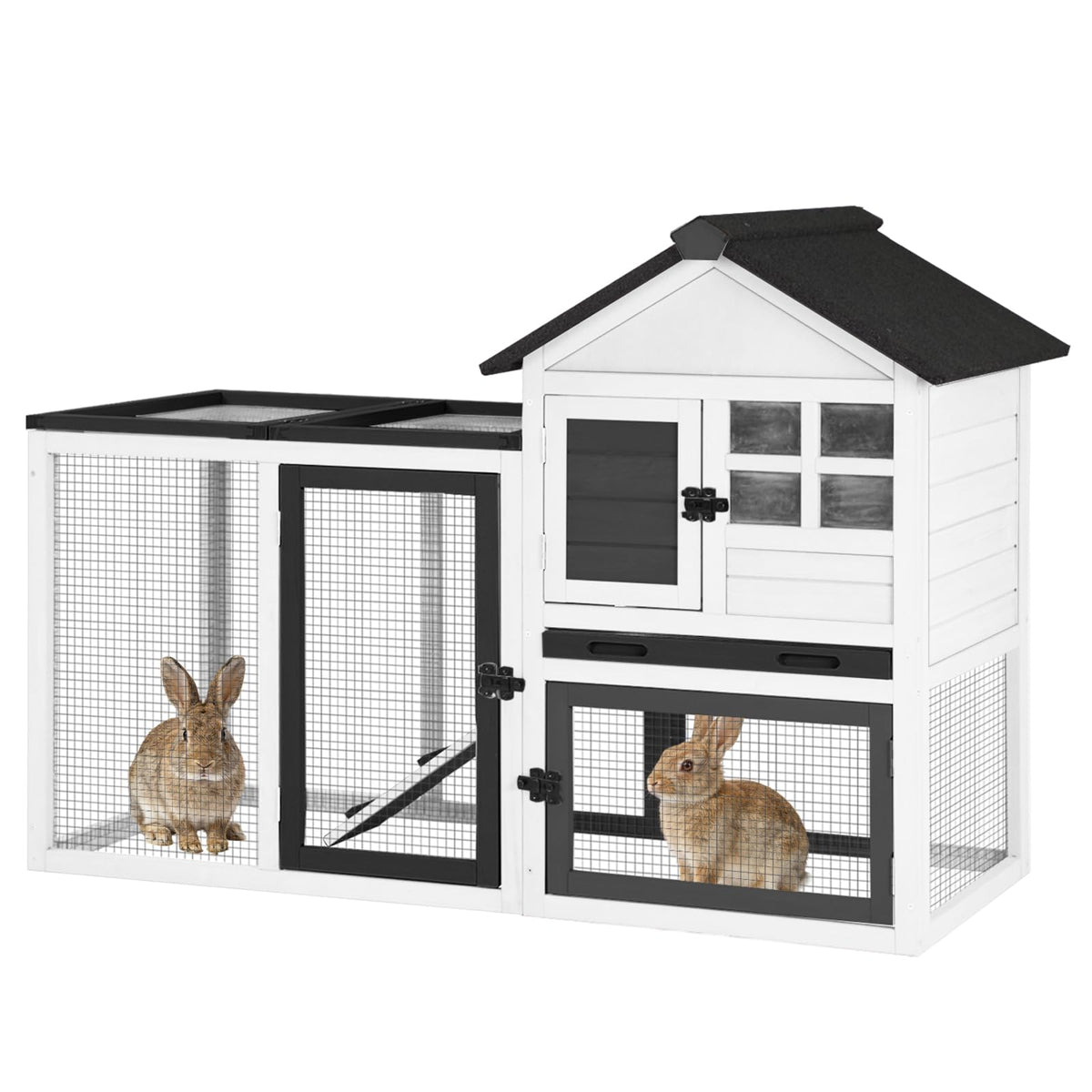 GUTINNEEN Large Rabbit Hutch Indoor with Chew-Proof Ramp, 62" L Wooden Rabbit Cage with 6 Casters, Bunny Cage with 2 Trays and 2 Story for Small to Medium Animals (Grey)