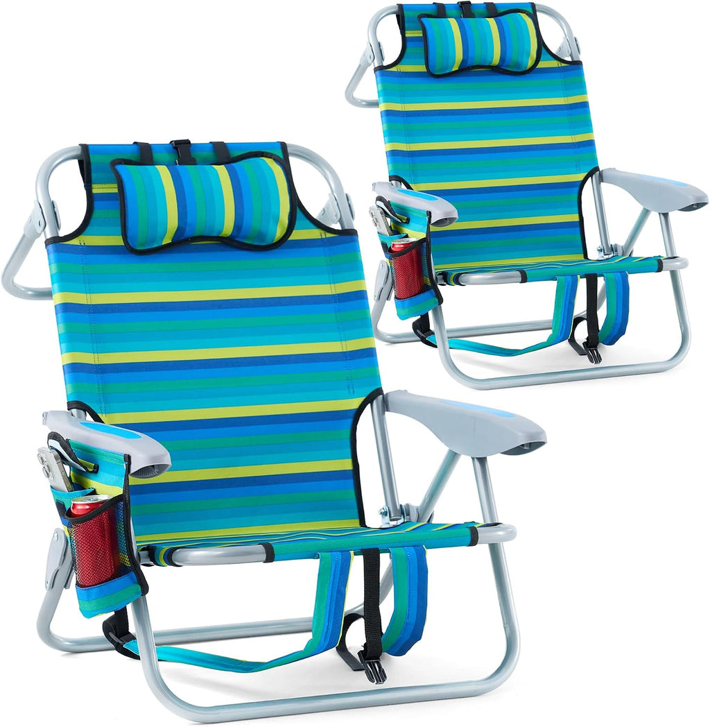 2 Pack Lightweight Portable Camping Beach Chair for Adults, Outdoor Lay Flat Folding Beach Chairs with 5 Positions, Backpack Beach Chair with Towel Bar, Zipper Pouch, Cup Holder, NEW Striped