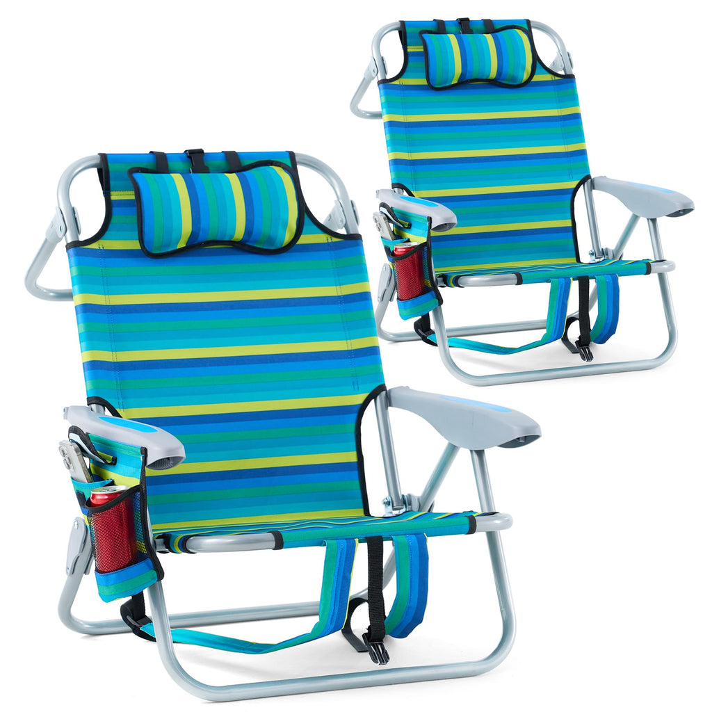 2 Pack Lightweight Portable Camping Beach Chair for Adults, Outdoor Lay Flat Folding Beach Chairs with 5 Positions, Backpack Beach Chair with Towel Bar, Zipper Pouch, Cup Holder, NEW Striped