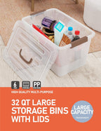 WYT 32 Qt Plastic Clear Storage Bin with Durable Lids and Latching Buckle, 6-Pack Tote Organizing Box Stackable and Nestable