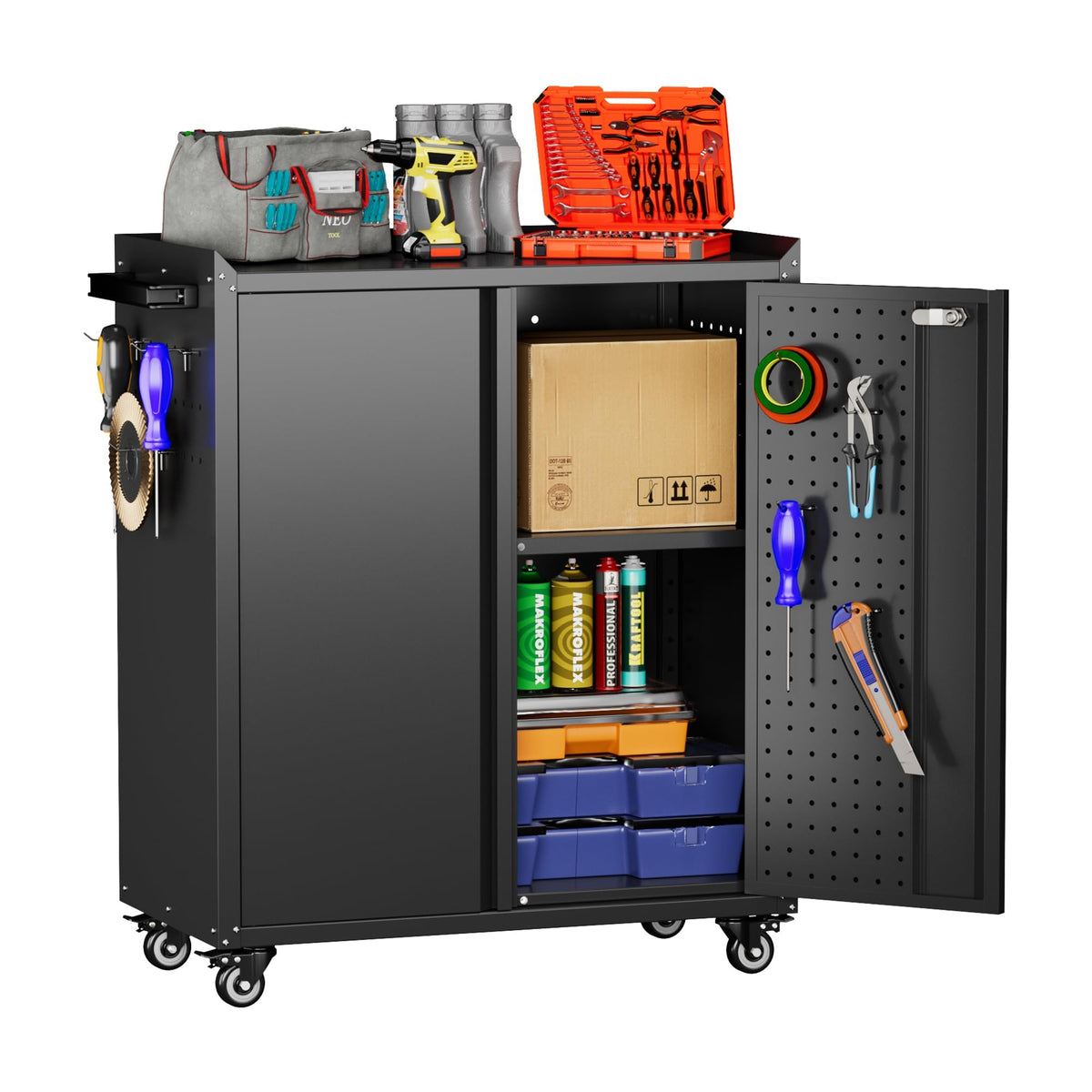 Aobabo 71" Metal Storage Cabinet with Wheels, 5 Shelves & Pegboards, Black
