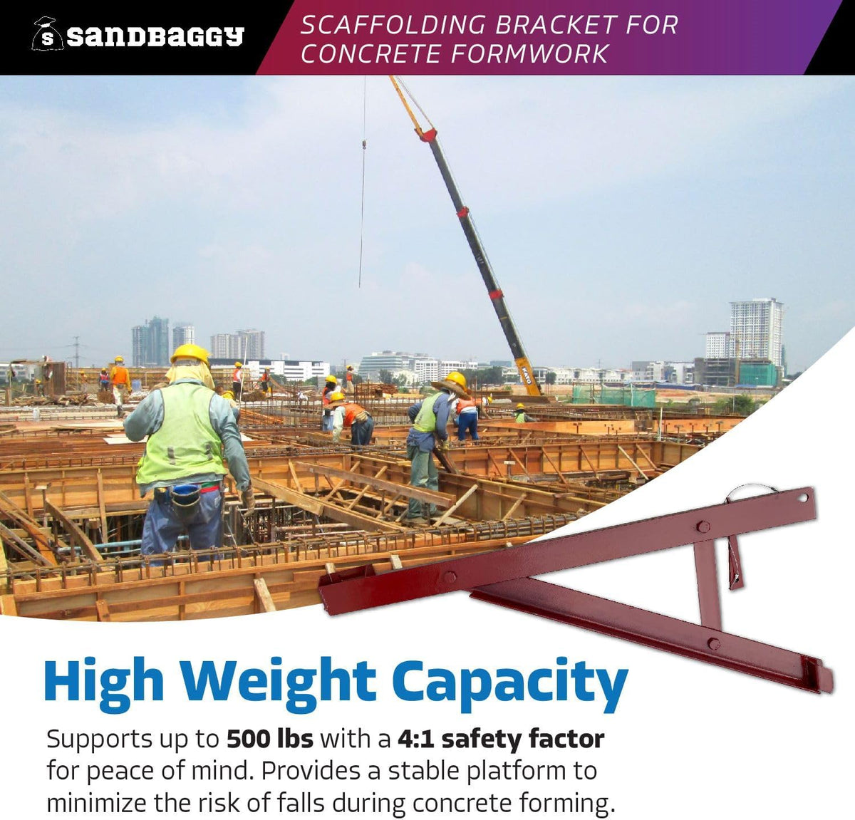 Sandbaggy Scaffold Bracket for Concrete Formwork Systems (S-Wedge Attached) - Steel/Plywood Systems - 500 lbs. Weight Capacity (4:1 Safety Factor) - Rust Resistant/Reusable (2)